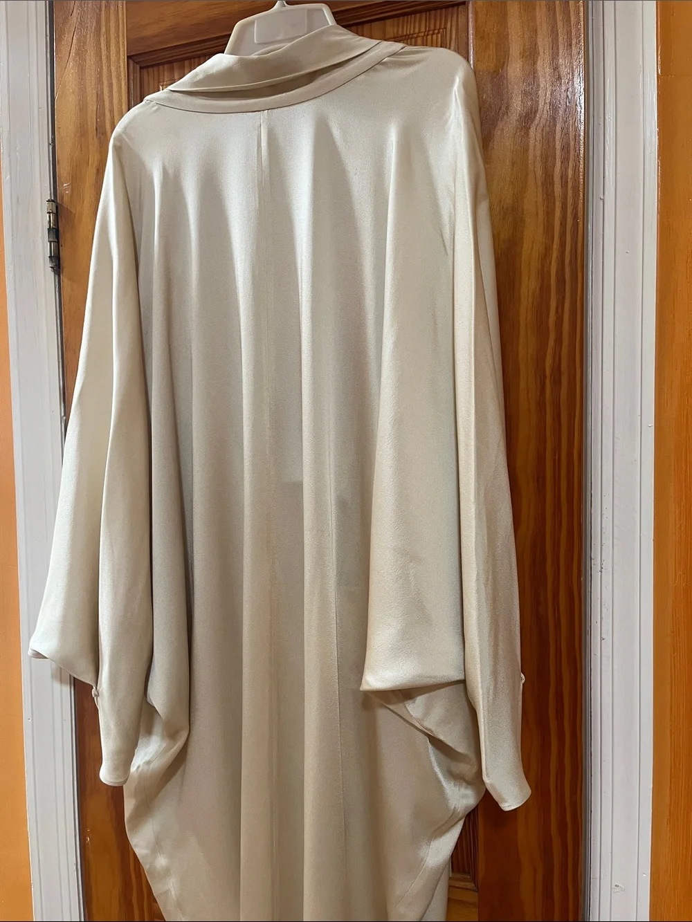 NWT Satin Beige Draped Open Back Dress Lagenlook Formal Shawl Gown Tie Neck M
